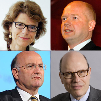 Clockwise from top left - Vicky Pryce, Lord William Hague, Joshua Rozenberg and Roger Bootle